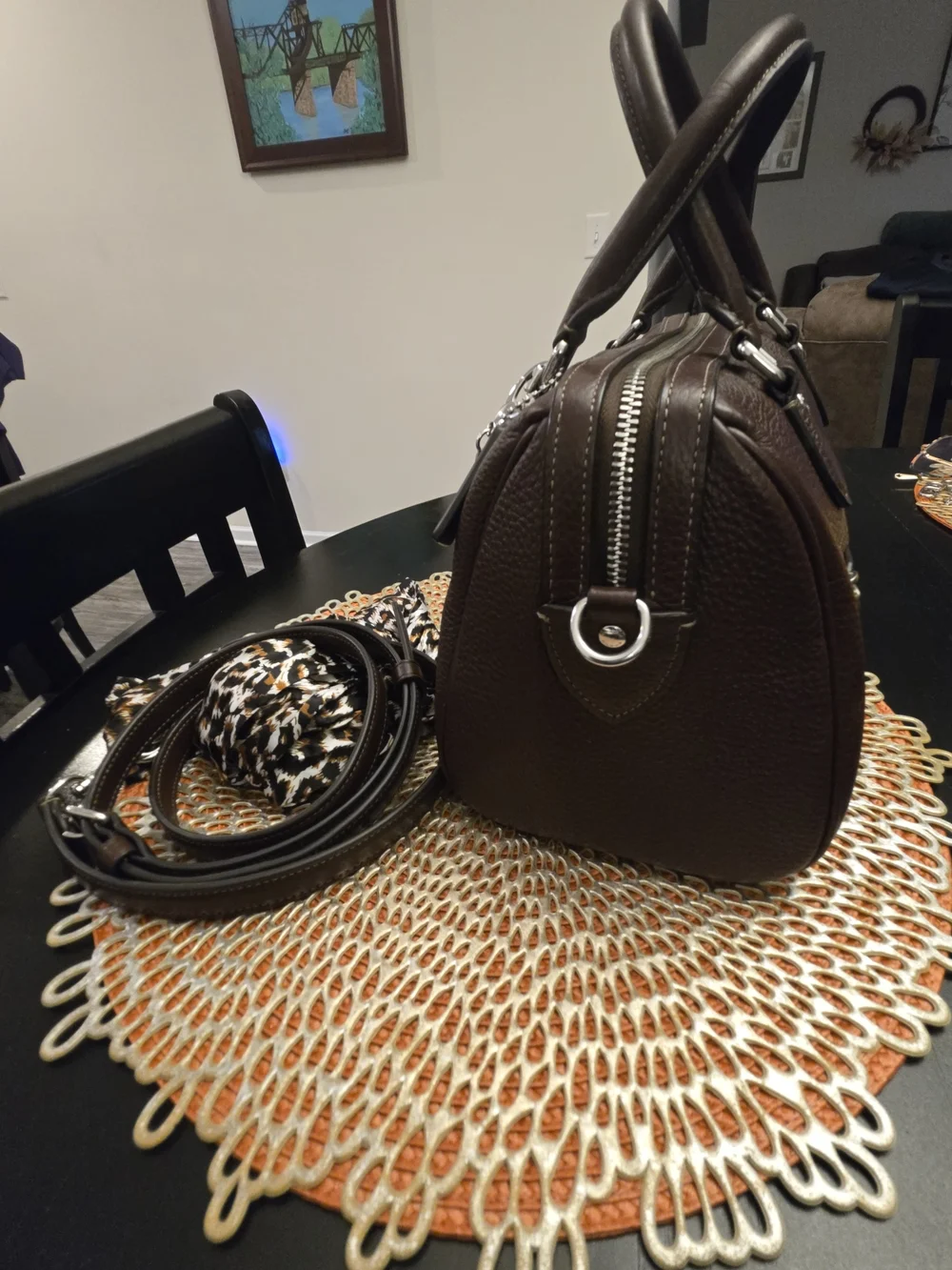 Coach Dark Brown Pebbled Leather Satchel with Scarf Accent